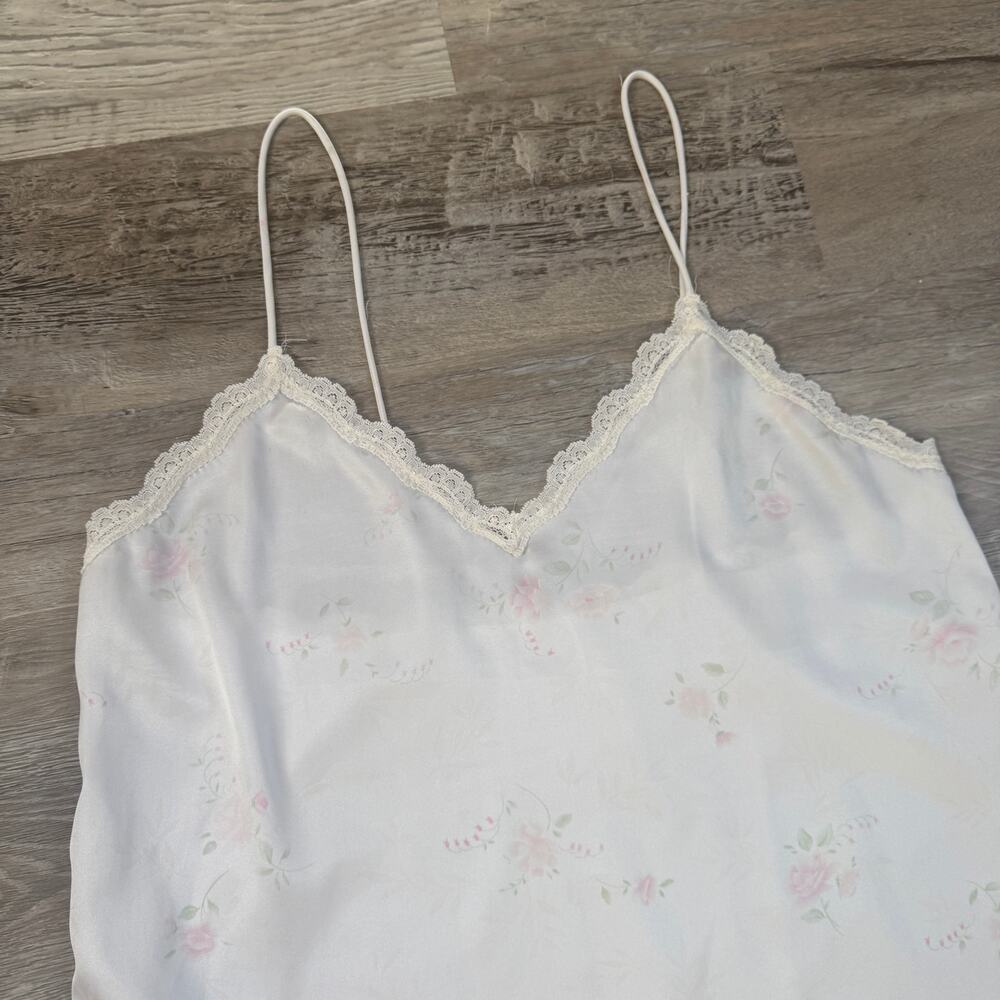 Vintage White Satin Floral Lace Trim Slip Dress Nightgown Coquette Cottagecore L - Picture 2 of 5